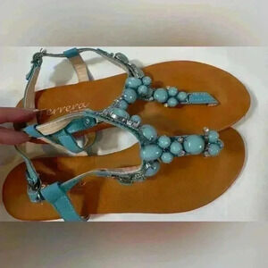 Henry Ferrera Aqua Beaded & Diamond Queen Sandals (Size 8)